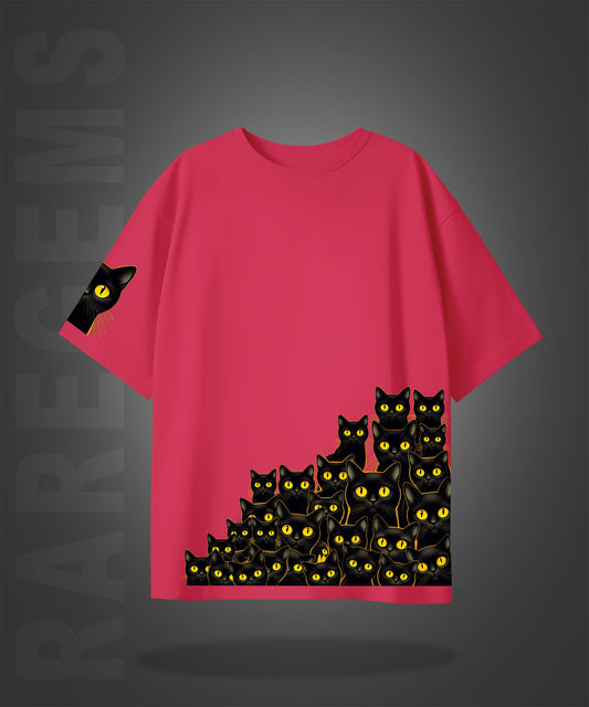 Imperial Red Half Sleeves Black Cats Printed Oversized T-Shirt