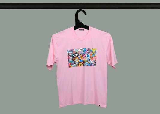 Pink Half Sleeve Graffiti Art Printed Oversized T-Shirt