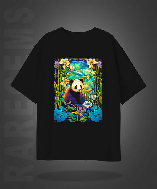 Black Half Sleeves Beautiful Panda Scenery Printed Oversized T-Shirt