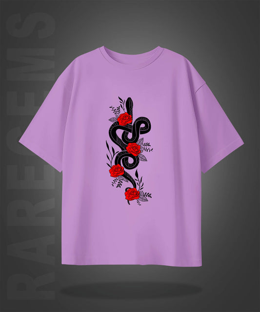 Lilac Half Sleeves Black Snake Around Roses Printed Oversized T-Shirt