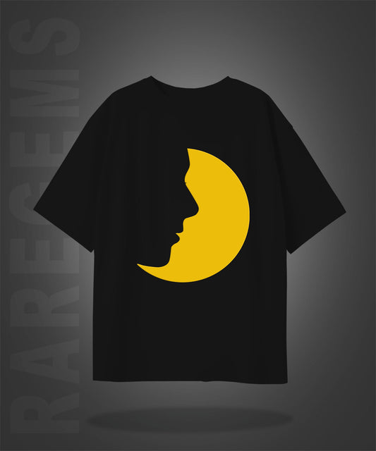 Black Round Neck Half Sleeves Face Of The Moon Printed Oversized T-Shirt