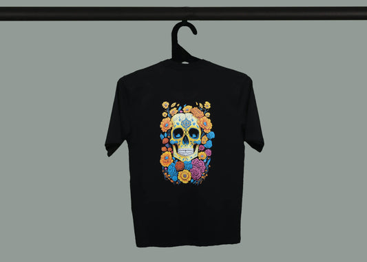 Black Half Sleeve Floral Skull Printed Oversized T-Shirt