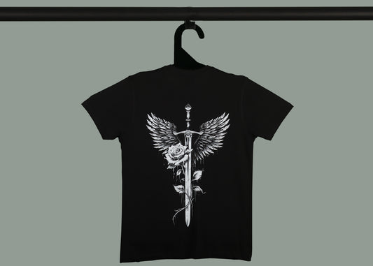 Black Round Neck Half Sleeve Sword With White Rose Back Printed Regular T-Shirt