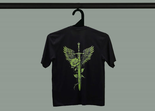 Black Half Sleeve Neon Green Sword With Rose Printed Oversized T-Shirt