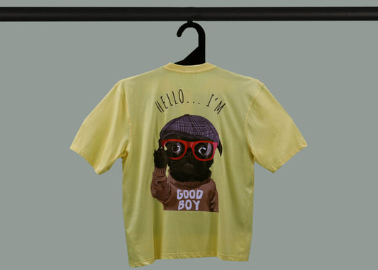 Yellow Half Sleeves Dog With Hat And Glasses Printed Oversized T-Shirt