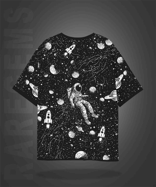 Black Half Sleeves Astronaut's Adventure Printed Oversized T-Shirt