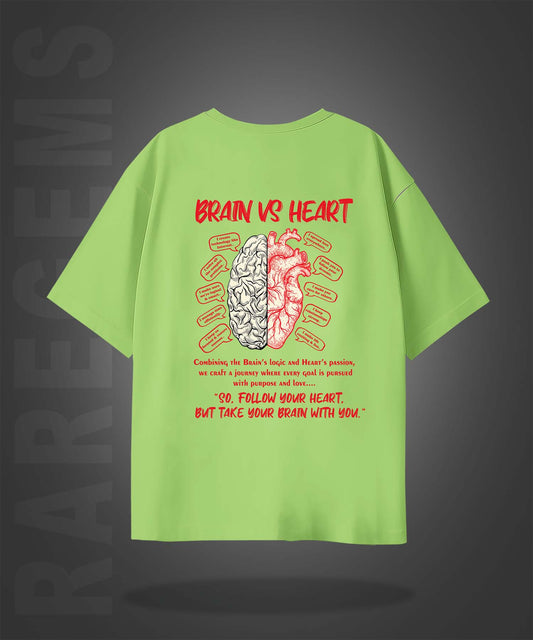 Lime Green Half Sleeves Brain Vs Heart Printed Oversized T-Shirt