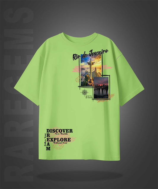 Lime Green Half Sleeves Dream Discover Explore Rio De Janeiro Printed Oversized T-Shirt