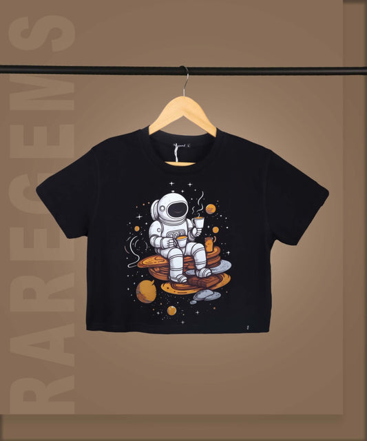 Black Round Neck Half Sleeves Astronaut Sipping Tea Printed Crop Top