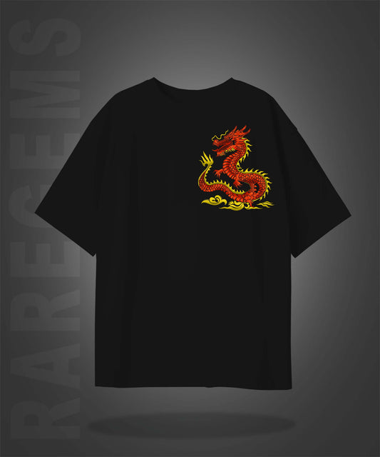 Black Half Sleeve Round Neck Red Dragon Embroidered Oversized T-Shirt