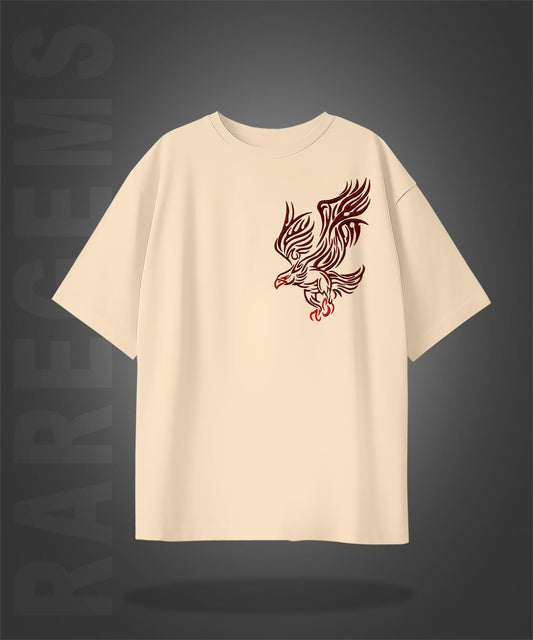 Beige Half Sleeve Round Neck Brown Eagle Embroidered Oversized T-Shirt