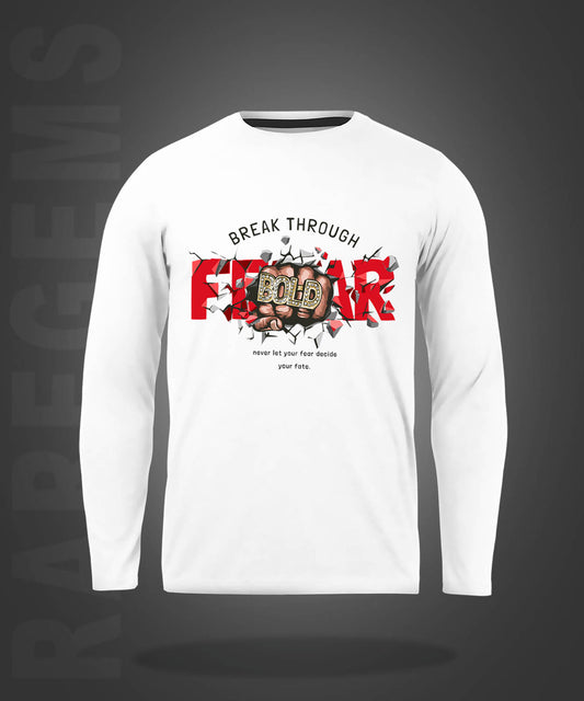 White Round Neck Fear And Bold Printed Full Sleeves T-Shirt