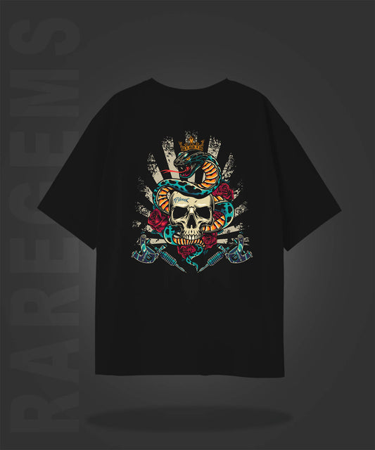 Black Half Sleeve Snake Around The Skull Printed Oversized T-Shirt