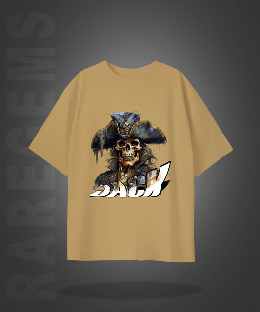 Beige Half Sleeves Pirate Skull Jack Printed Oversized T-Shirt