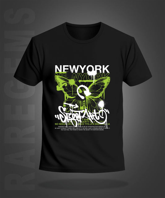 Black Round Neck Half Sleeve Newyork Neon Butterfly Printed Regular T-Shirt