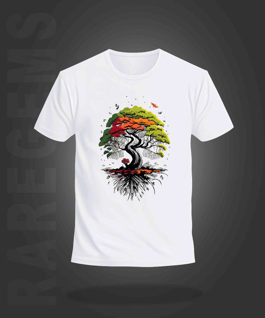 White Half Sleeves Round Neck Beautiful Tree Printed Regular T-Shirt