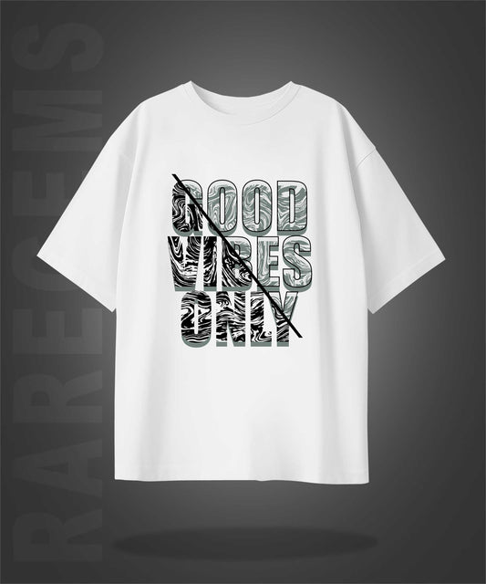 White Half Sleeve Round Neck Good Vibes Only Printed Oversized T-Shirt