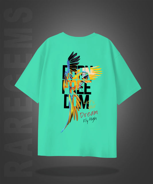 Mint Green Half Sleeve Freedom And Macaw Bird Printed Oversized T-Shirt