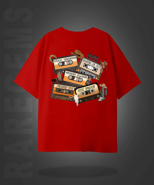 Red Half Sleeves Old Cassette Printed Oversized T-Shirt