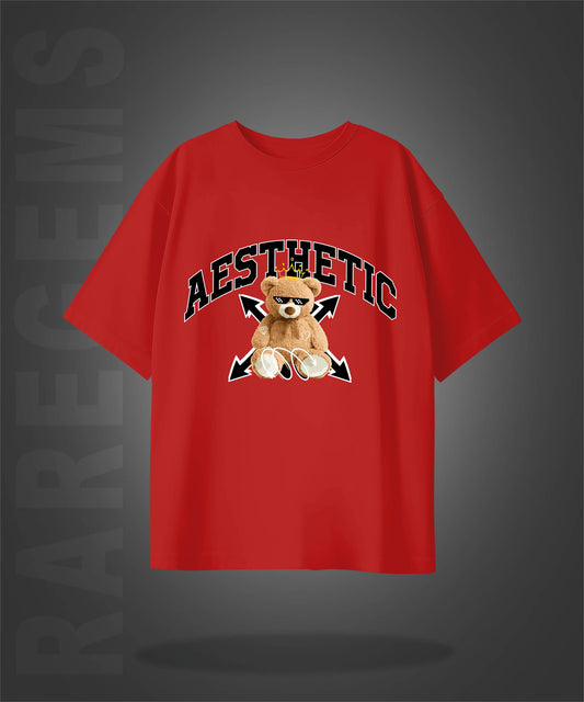 Red Half Sleeve Round Neck Aesthetic Cool Teddy Printed Oversized T-Shirt