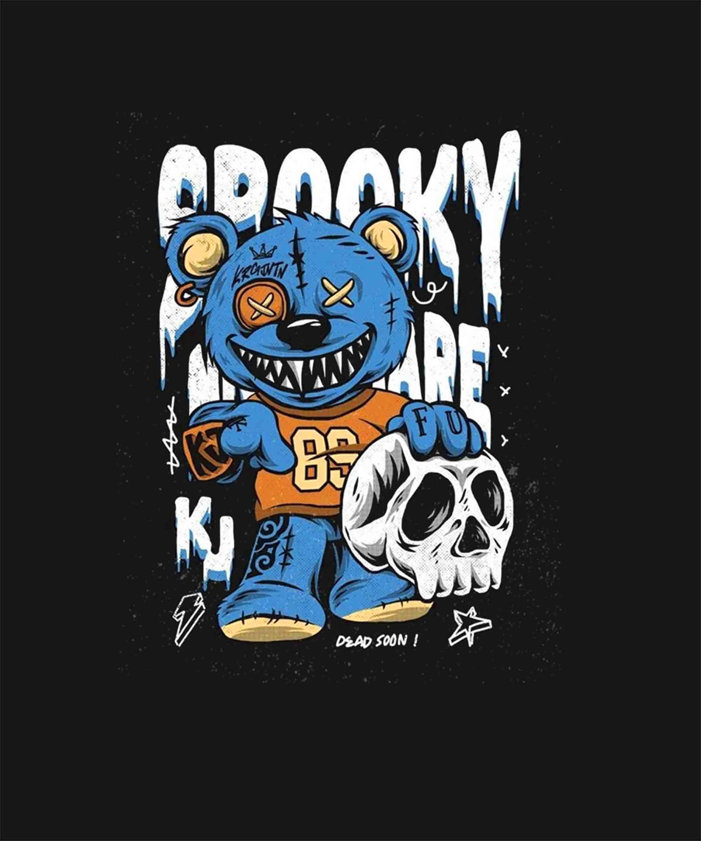 Black  Half Sleeve Spooky Teddy Printed Oversized T-Shirt