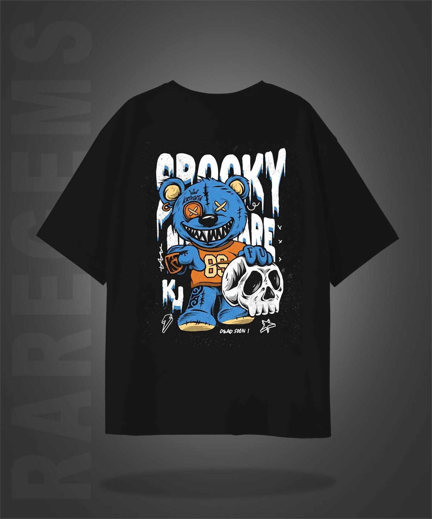 Black  Half Sleeve Spooky Teddy Printed Oversized T-Shirt