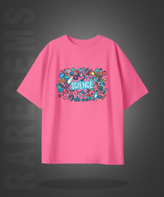 Pink Half Sleeve Science Equipment Printed Oversized T-Shirt