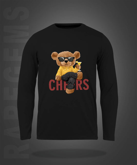 Black Round Neck Cheering Teddy Printed Full Sleeves T-Shirt