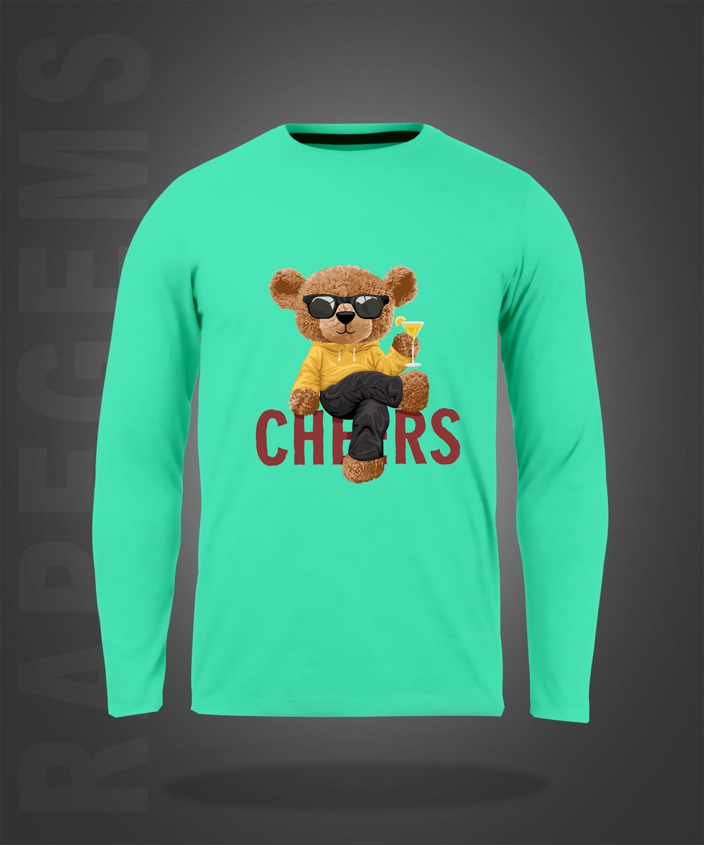 Mint Green Round Neck Cheering Teddy Printed Full Sleeves T-Shirt