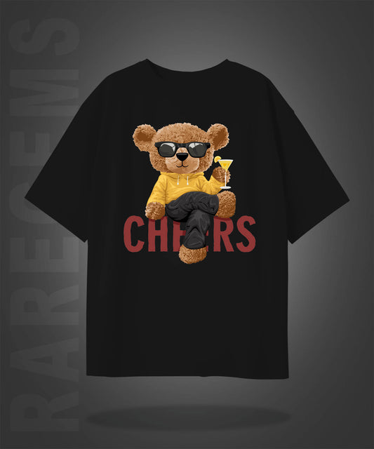 Black Half Sleeve Cheering Teddy Printed Oversized T-Shirt