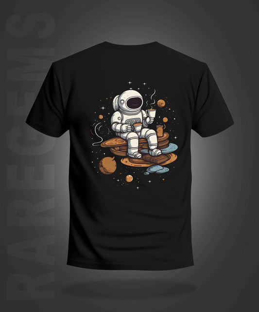 Black Half Sleeve Round Neck Astronaut Sipping Tea Printed Regular T-Shirt