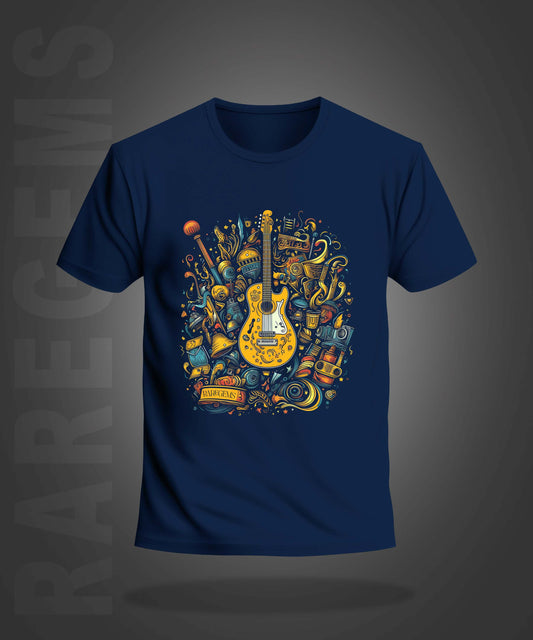 Navy Blue Round Neck Half Sleeve Guitar With Beautiful Elements Printed Regular T-Shirt