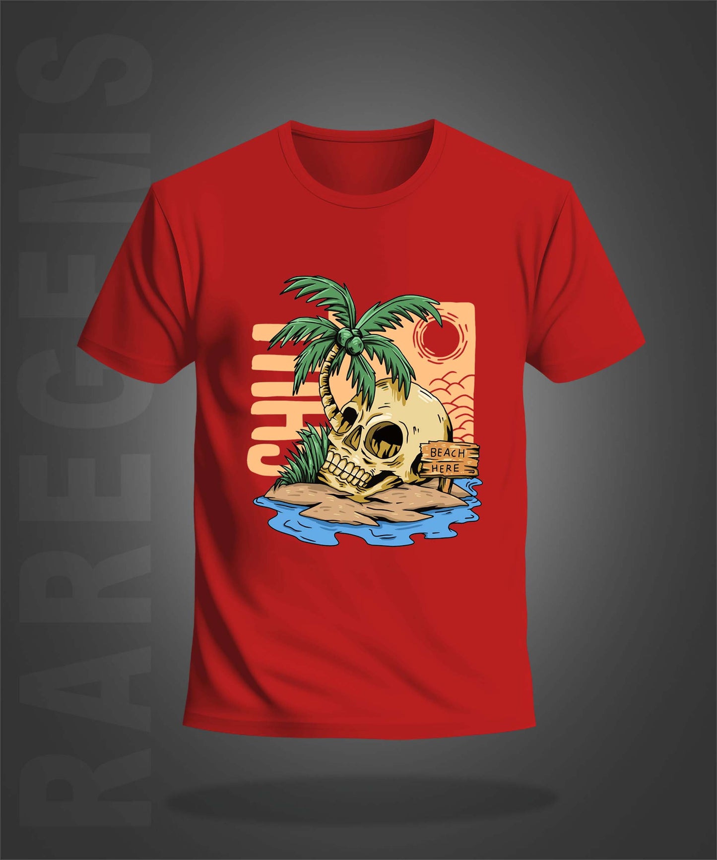 Red Half Sleeves Round Neck Skull And Palm Tree Printed Regular T-Shirt