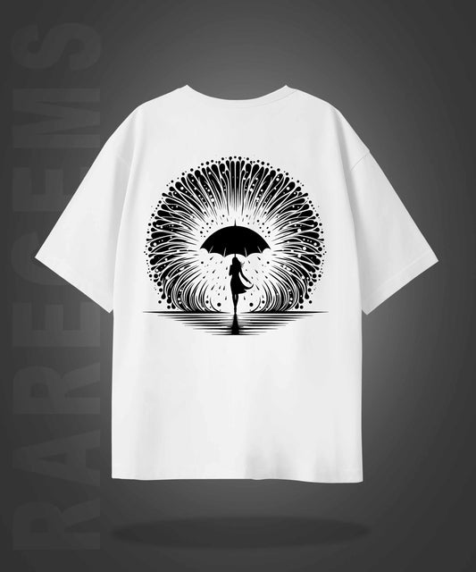 White Half Sleeve Woman Holding An Umbrella Printed Oversized T-Shirt