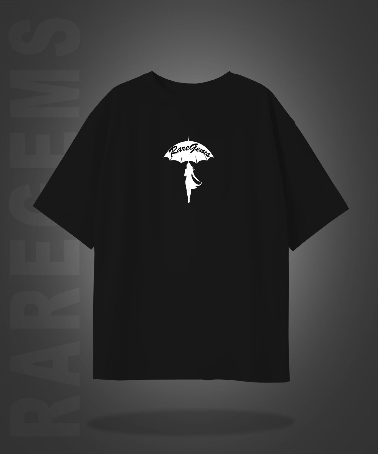 Black Half Sleeves Round Neck Girl Holding An Umbrella Printed Oversized T-Shirt