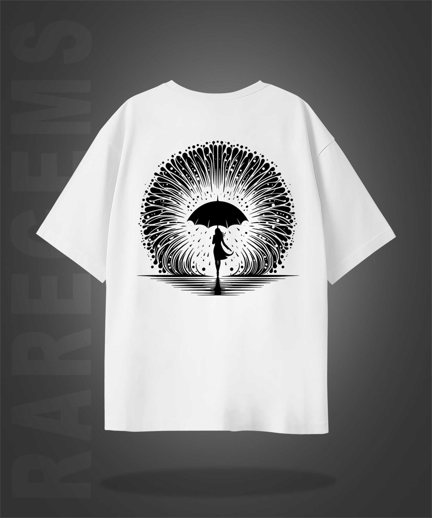 White Half Sleeves Round Neck Girl Holding An Umbrella Printed Oversized T-Shirt