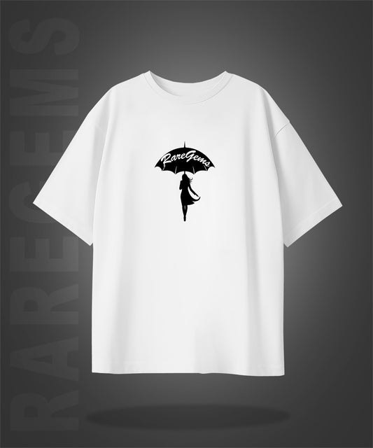 White Half Sleeves Round Neck Girl Holding An Umbrella Printed Oversized T-Shirt