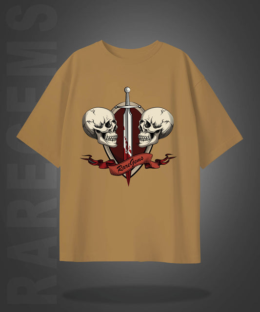 Beige Half Sleeve Two Skulls With Sword Printed Oversized T-Shirt