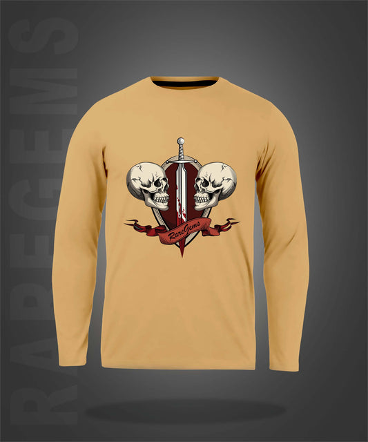 Beige Round Neck Two Skulls With Sword Printed Full Sleeves T-Shirt