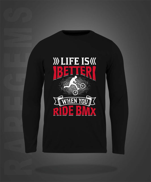 Black Round Neck Ride BMX Printed Full Sleeves T-Shirt