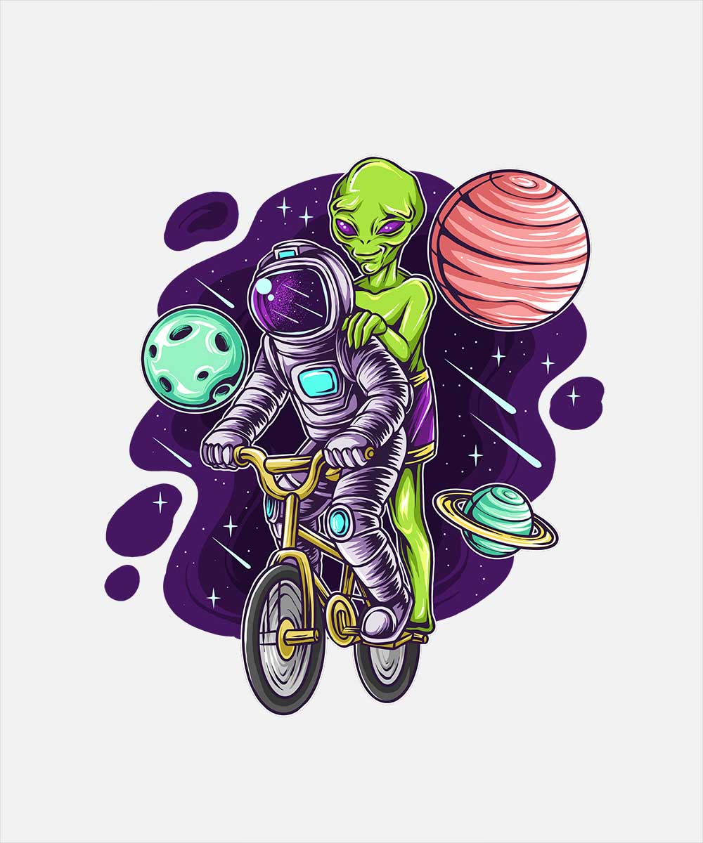 White Half Sleeves Round Neck Astronaut And Alien On The Bicycle Printed Oversized T-Shirt