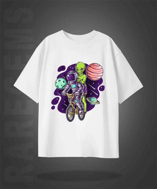 White Half Sleeves Round Neck Astronaut And Alien On The Bicycle Printed Oversized T-Shirt