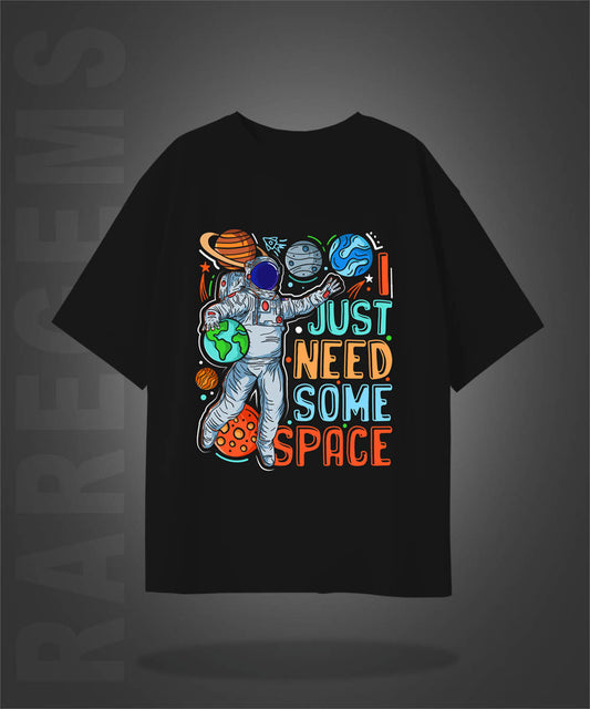 Black Half Sleeves Round Neck Astronaut And I Need Some Space Printed Oversized T-Shirt