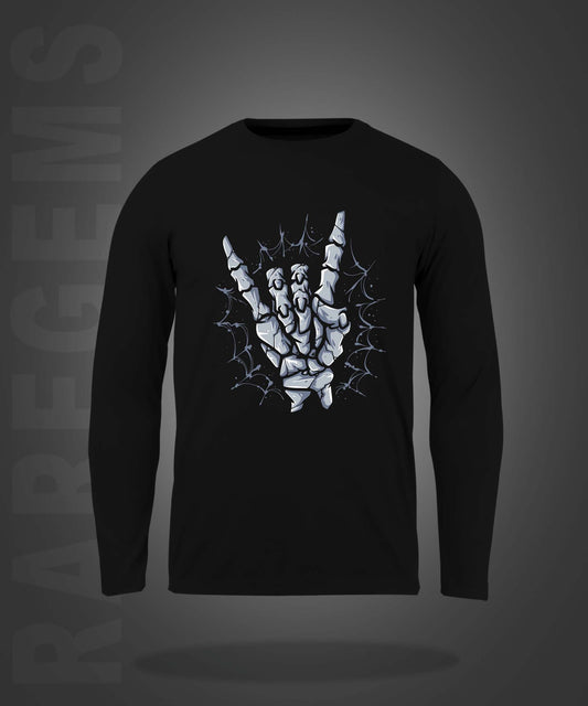 Black Round Neck Skeleton Hand Printed Full Sleeves T-Shirt