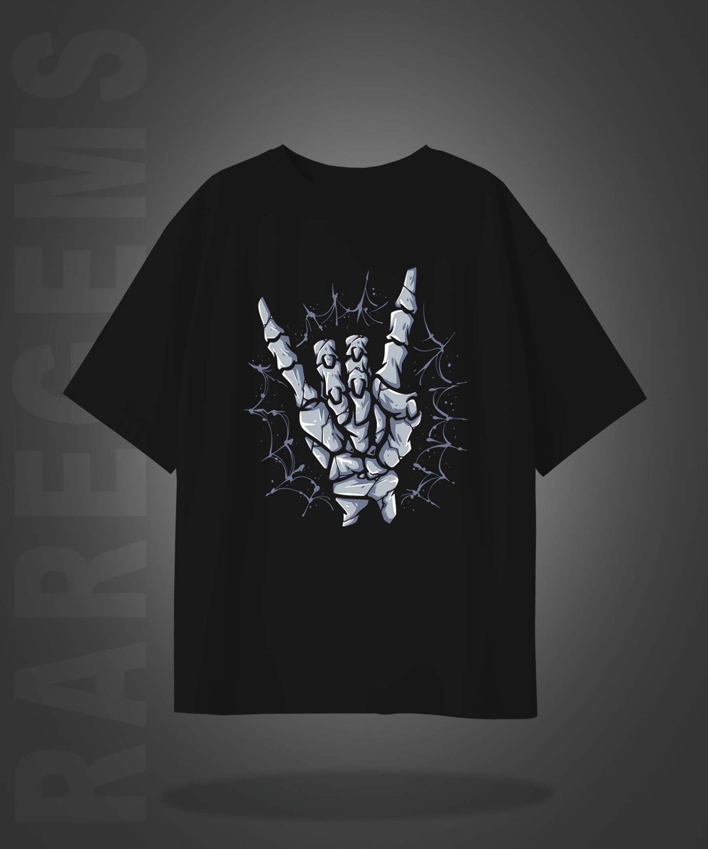 Black Half Sleeves Round Neck Skeleton Hand Printed Oversized T-Shirt