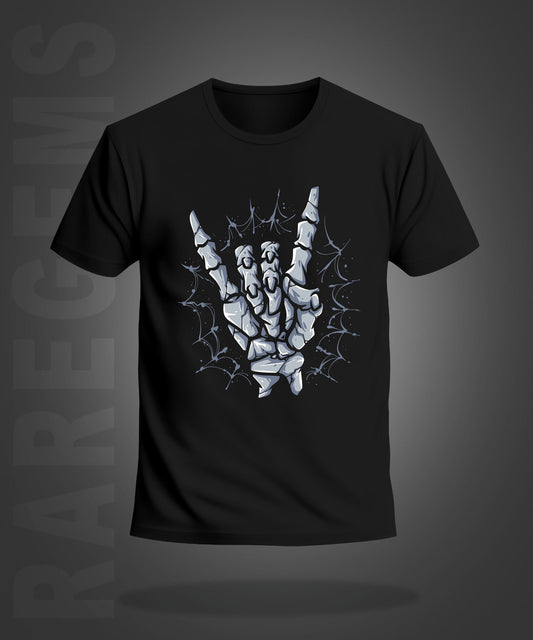 Black Half Sleeve Round Neck Skeleton Hand Printed Regular T-Shirt