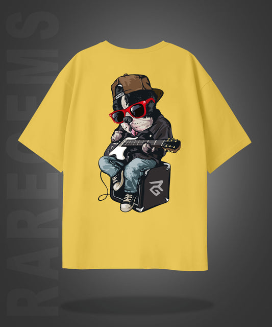 Yellow Half Sleeves Rockstar Dog Printed Oversized T-Shirt