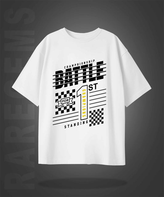 White Half Sleeve Battle Championship Printed Oversized T-Shirt