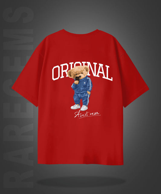 Red Half Sleeve Round Neck Cool Teddy Printed Oversized T-Shirt