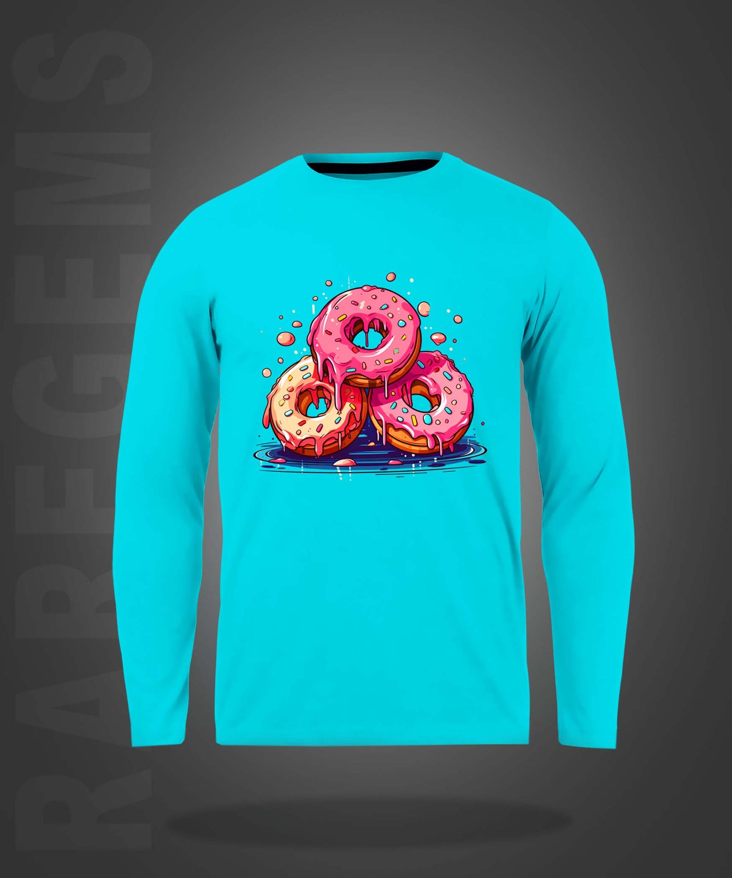 Cyan Round Neck Three Donuts Printed Full Sleeves T-Shirt